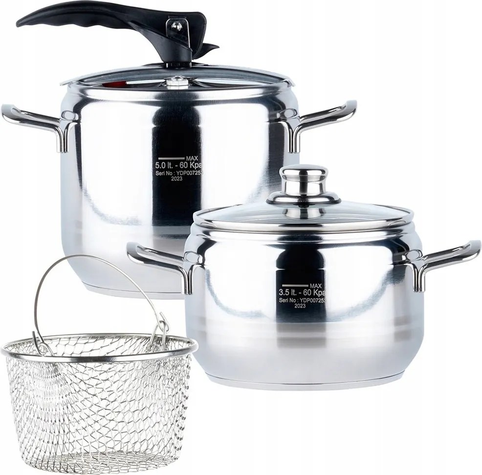 2x Orion Profi kukta acél magasnyomású edény gyors főzés 3,5+5