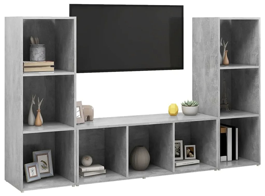 3 db betonszürke szerelt fa TV-szekrény 107 x 35 x 37 cm