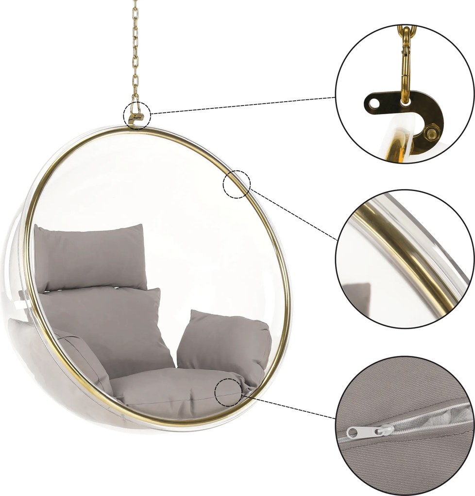 Függő fotel, átlátszó/arany/szürke, BUBBLE NEW TYP 1