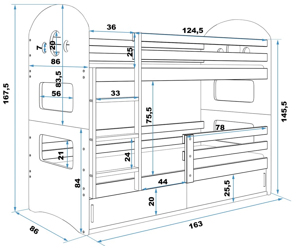 Emeletes ágy 80 x 160 cm Domur (fehér + rózsaszín) (ágyrácsokkal és tárolóhellyel). Akció -29%. 1056513