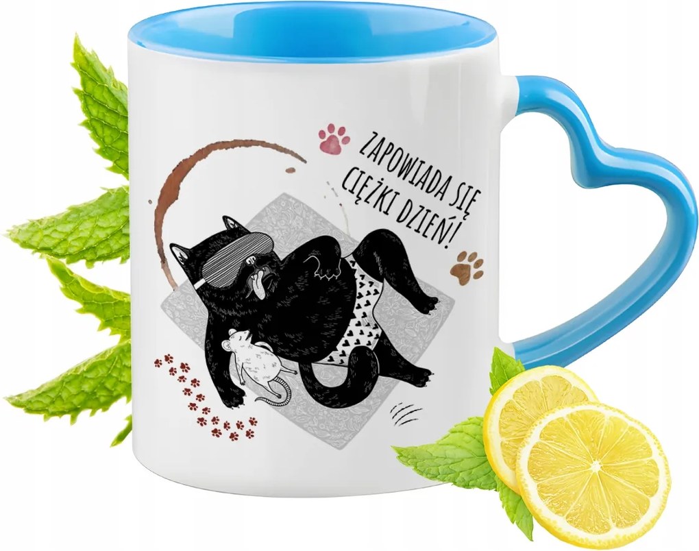 Cicák Cica Bögre Kék Szív Alakú Füllel Ajándék