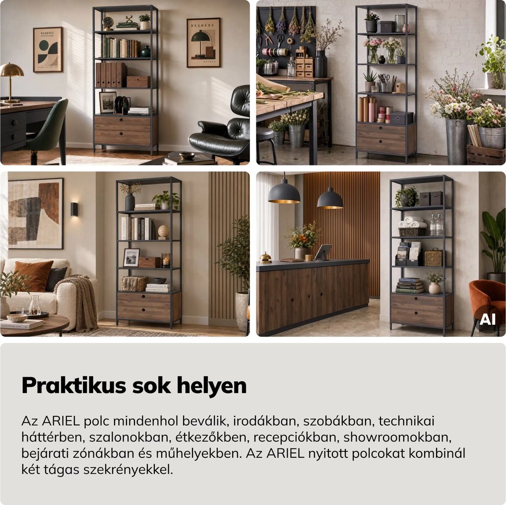 Polc fiókokkal irodába, iratrendezőkhöz és dokumentumokhoz, nyitott polcok, fém, antracit/dió, 800x2200x400 mm: ARIEL Eco Design