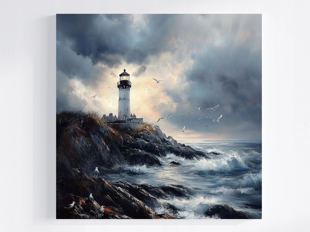 Vászonkép Canvas Tájkép Tenger Hullámok Tengerpart Sirály Világítótorony 80x80