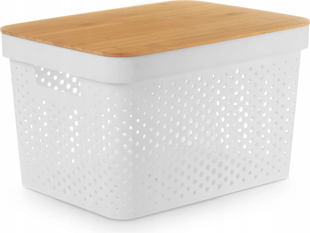 Fehér Műanyag Tárolódoboz Bambusz Fedéllel 36 X 26 X 22 CM Élelmiszerekhez