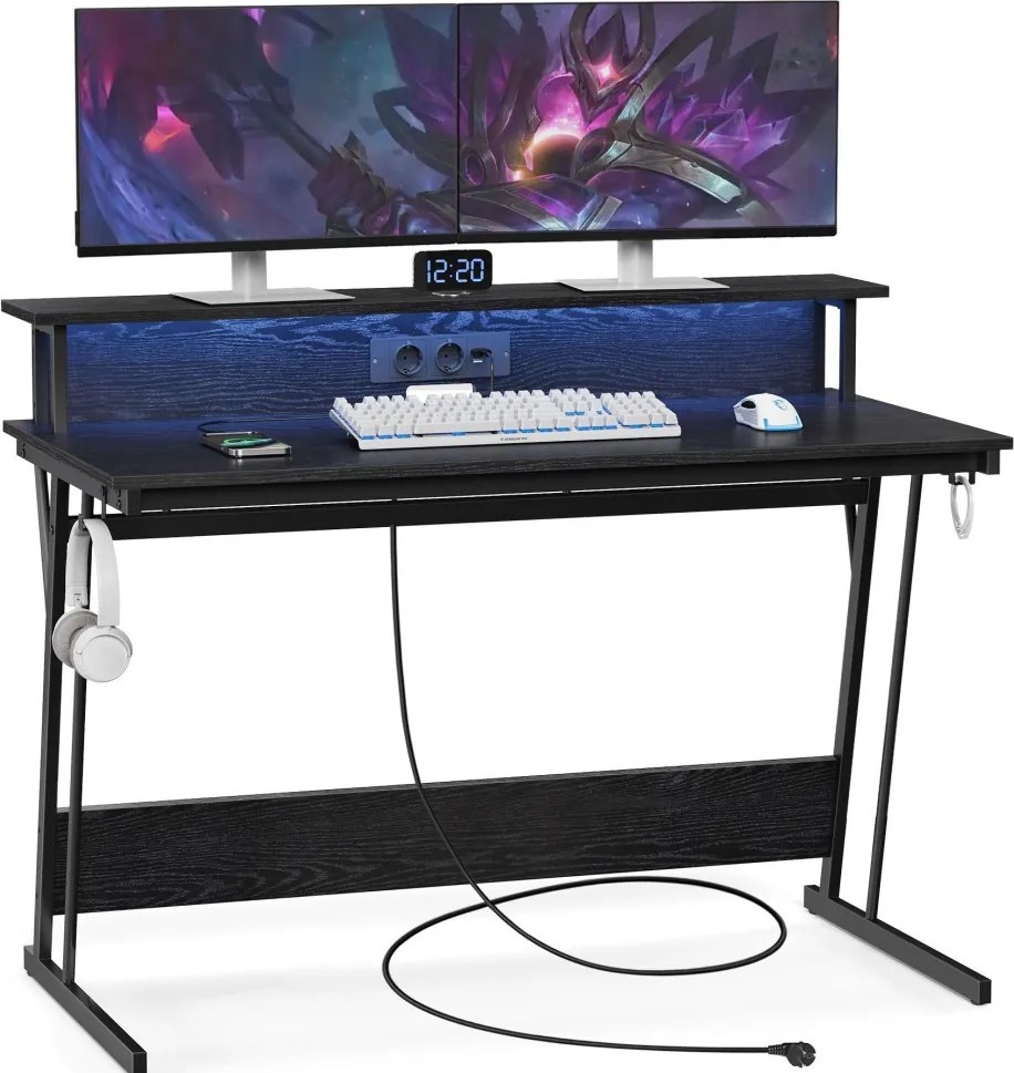 Számítógép asztal, gaming asztal, beépített LED fénnyel és elosztóval, fekete, 60x120x76cm