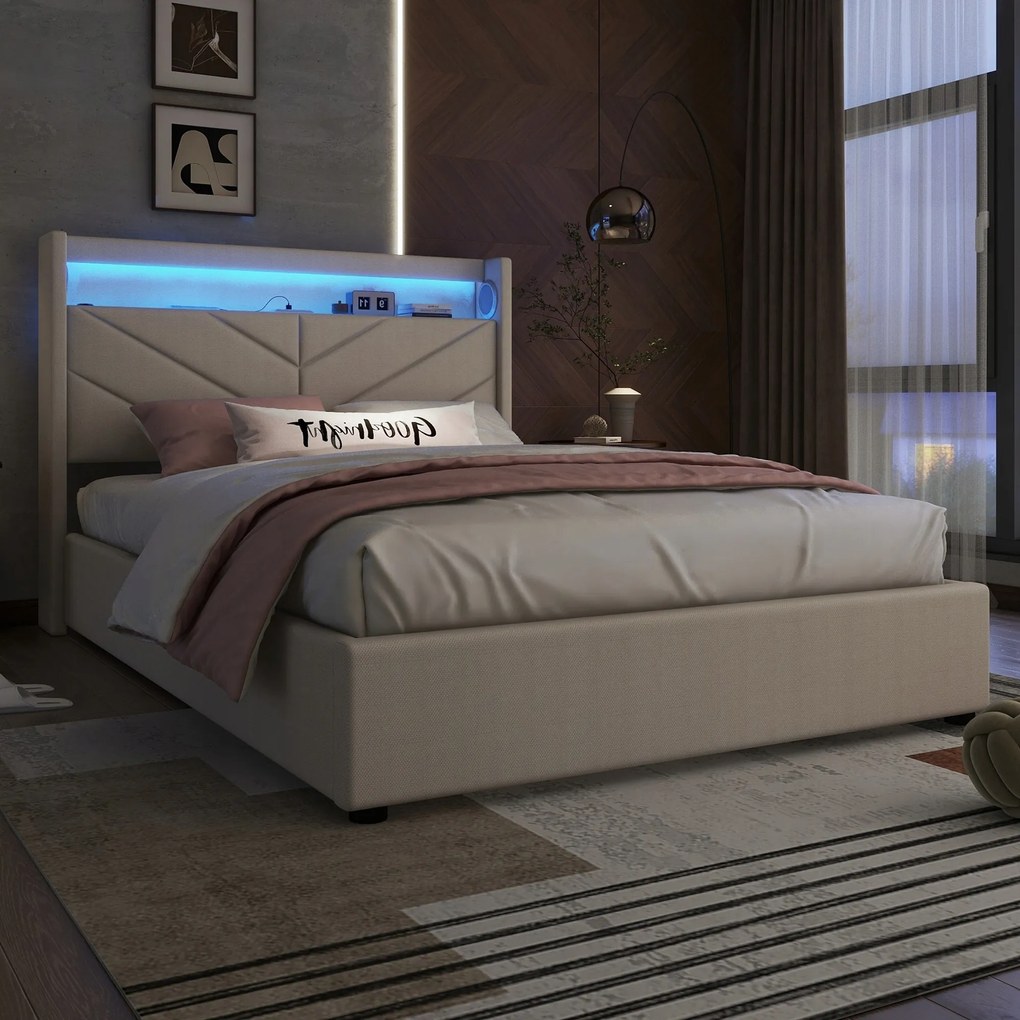 Kárpitozott ágy 140 x 190 cm led hidraulikus Usb franciaágy bézs