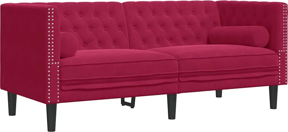 vidaXL 2 személyes bordó bársony Chesterfield kanapé hengerpárnákkal