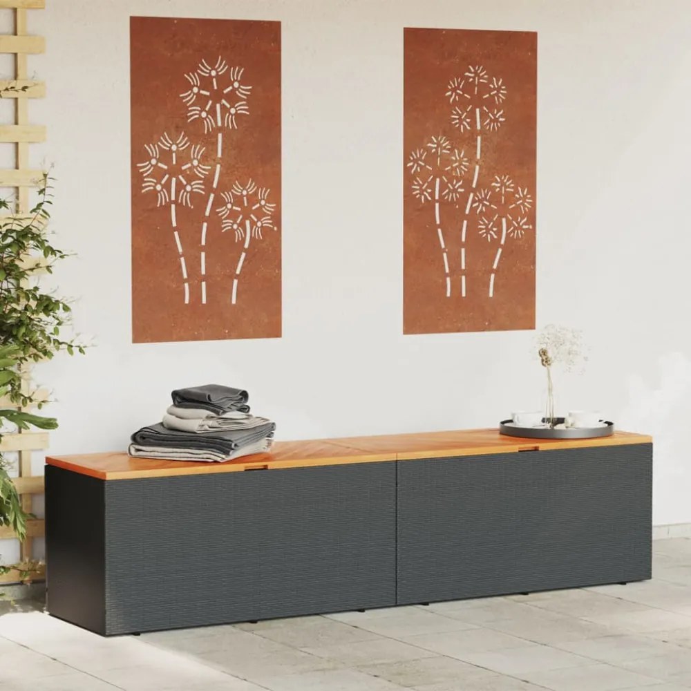 fekete polyrattan és akácfa kerti tárolóláda 220 x 50 x 54 cm