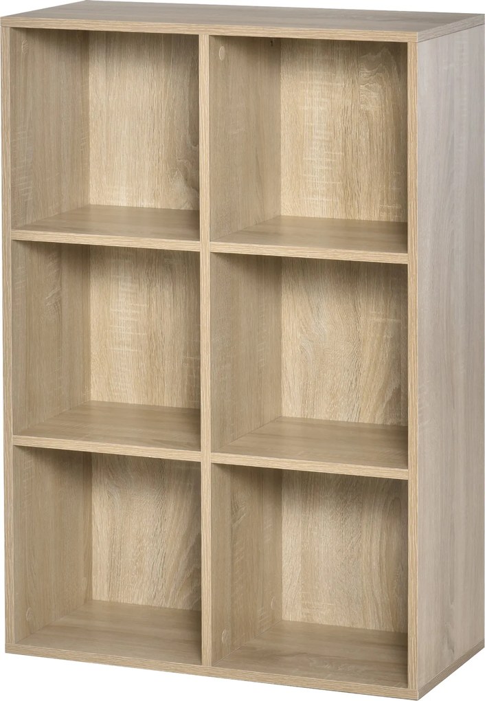 HOMCOM Tölgyfa Könyvespolc 3-Szintes 6 Tárolórekesszel - 65.5x30x97.5 cm | Aosom