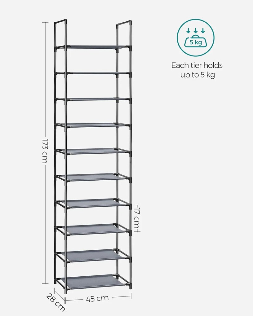 10 szintes cipőtartó, cipőállvány,  45 x 28 x 173 cm, fém váz, szürke