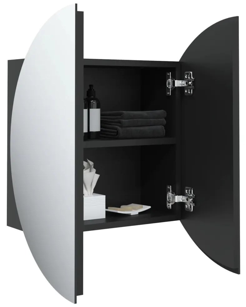 fekete fürdőszobaszekrény kerek tükörrel/LED-del 47x47x17,5 cm