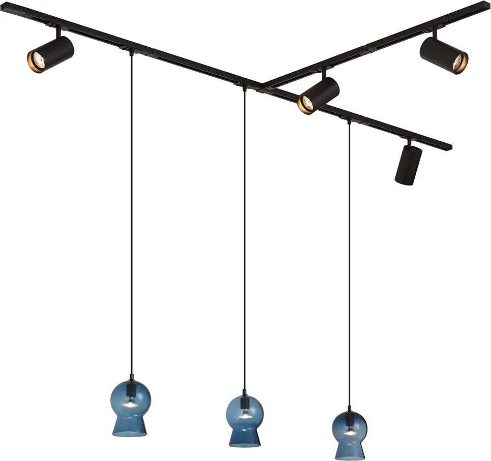 Modern Black Track System with 4 Spotlights and 3 Blue Pendant Lights 1-Phase - Iconic Bell Jeana Luxe