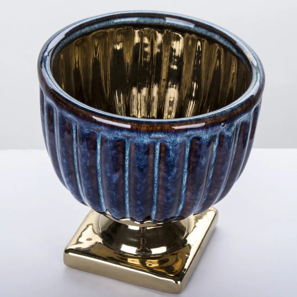 Porto design magasfényű világoskék-tengerészkék kerámia virágtartó kaspó szett 15,5x14,5x14,5cm