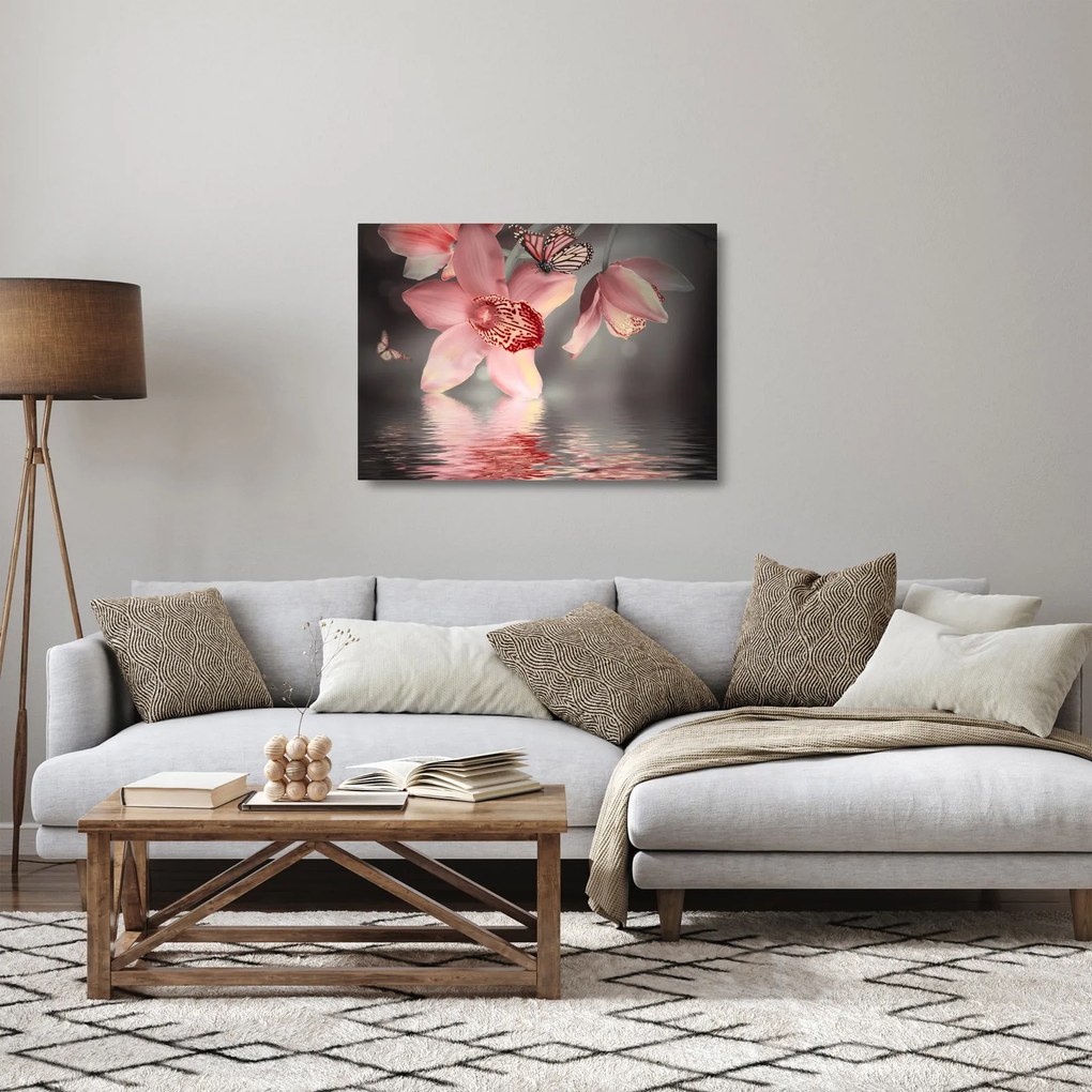 Üveg kép - Virágok és pillangó (70x50 cm)