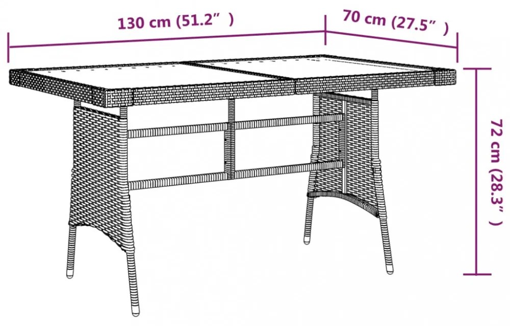 szürke polyrattan és tömör akácfa kerti asztal 130 x 70 x 72 cm