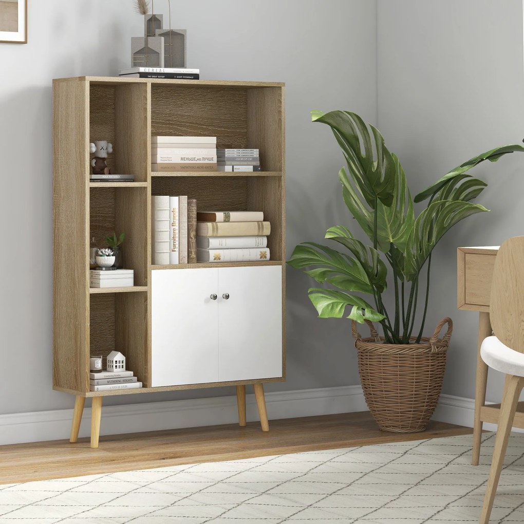 HOMCOM Skandináv Stílusú Tölgyfa Tároló Könyvpolc 80L x 23,5W x 123H cm, 5 rekeszes szekrény, 2 ajtó, kúp alakú tömör fenyő lábak | Aosom