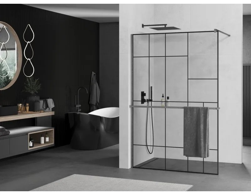 Mexen Kioto+, Walk-In zuhanyparaván polccal és akasztóval 130 x 200 cm, 8 mm átlátszó üveg fekete mintás, grafit profil, 800-130-121-66-78