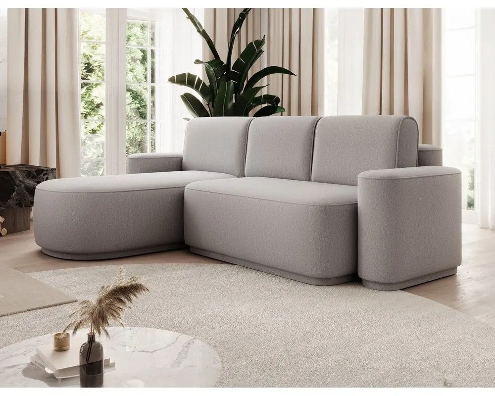 Világosszürke zsenília kinyitható-tárolóhelyes sarokkanapé (bal oldali-heverő résszel) Aurumm – ELTAP