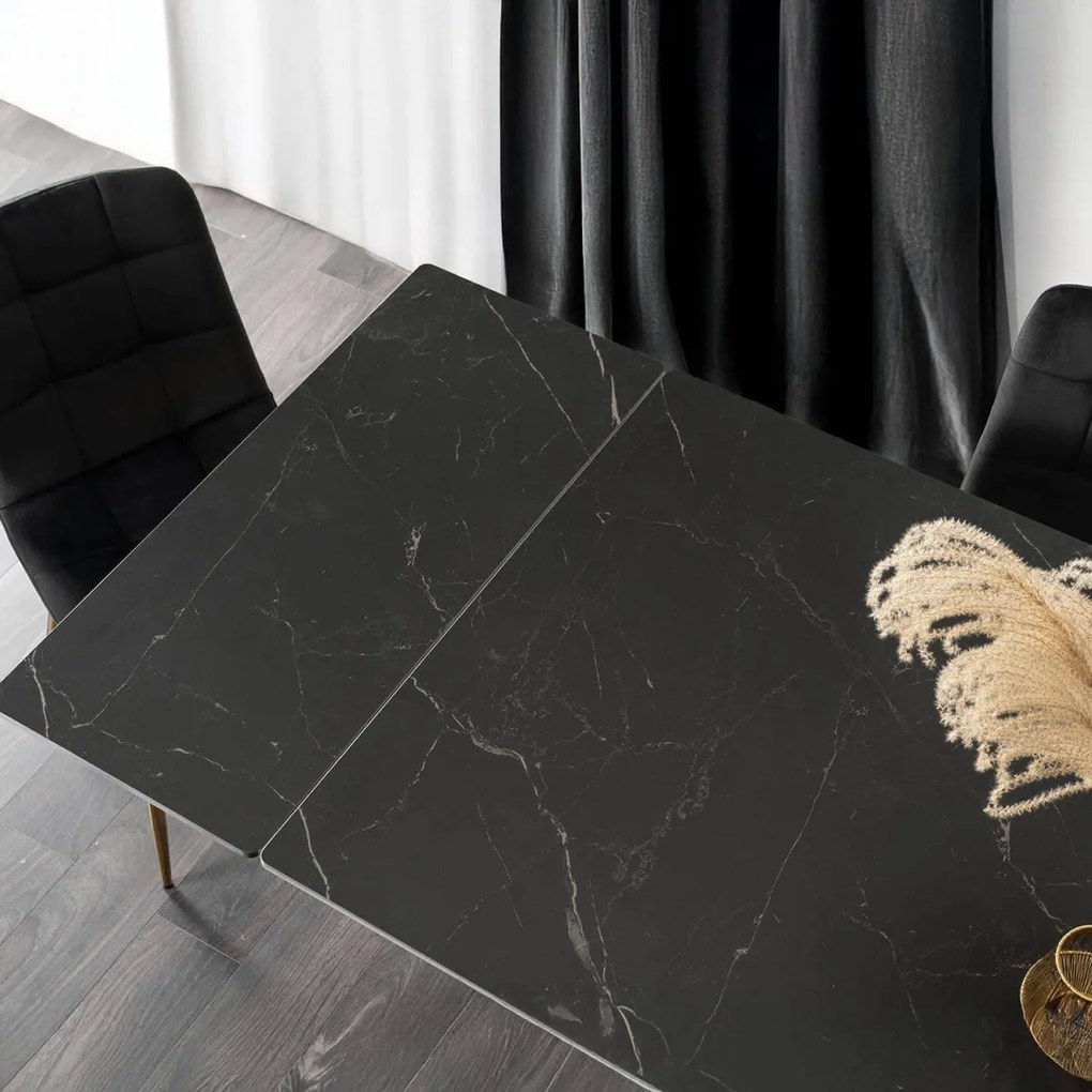 Kihúzható kerámia étkezőasztal 160–240 cm méretben, fekete márvány/arany színben LUIGI