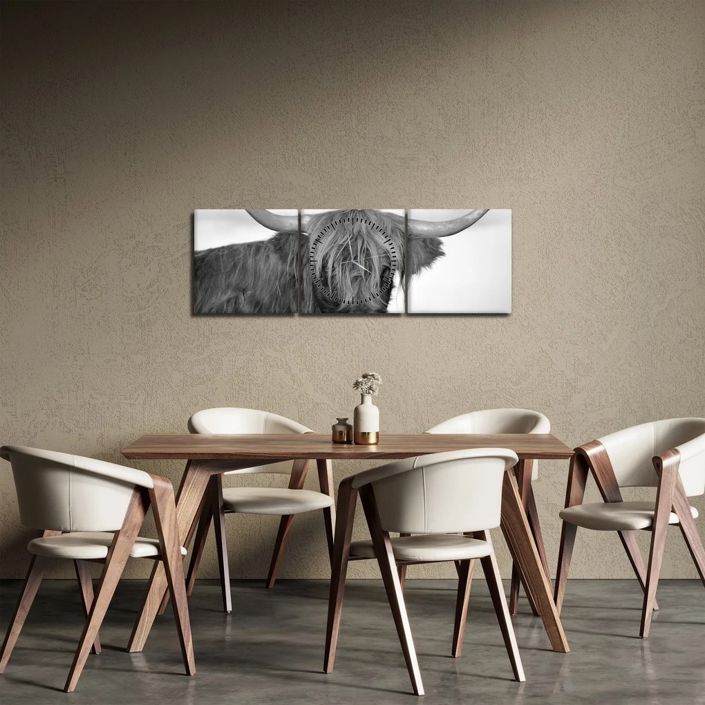 Kép - Skót tehén 2, fekete-fehér (órával) (90x30 cm)