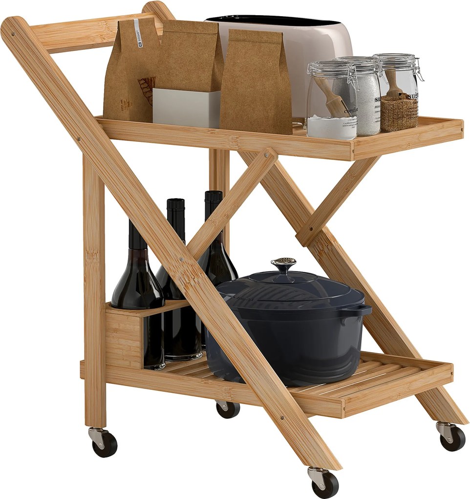HOMCOM Konyhai Kocsi, 2 Szintes Tálca Borállvánnyal, Munkafelület, Konyhai Polc Kerekeken, Összecsukható Multifunkciós Kocsi Irodához és Konyhához, 66