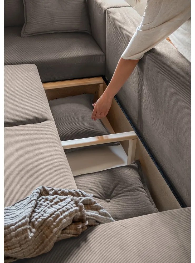 Világosbarna kordbársony kinyitható sarokkanapé (bal oldali-U alakú) Lazy Lukka – Miuform