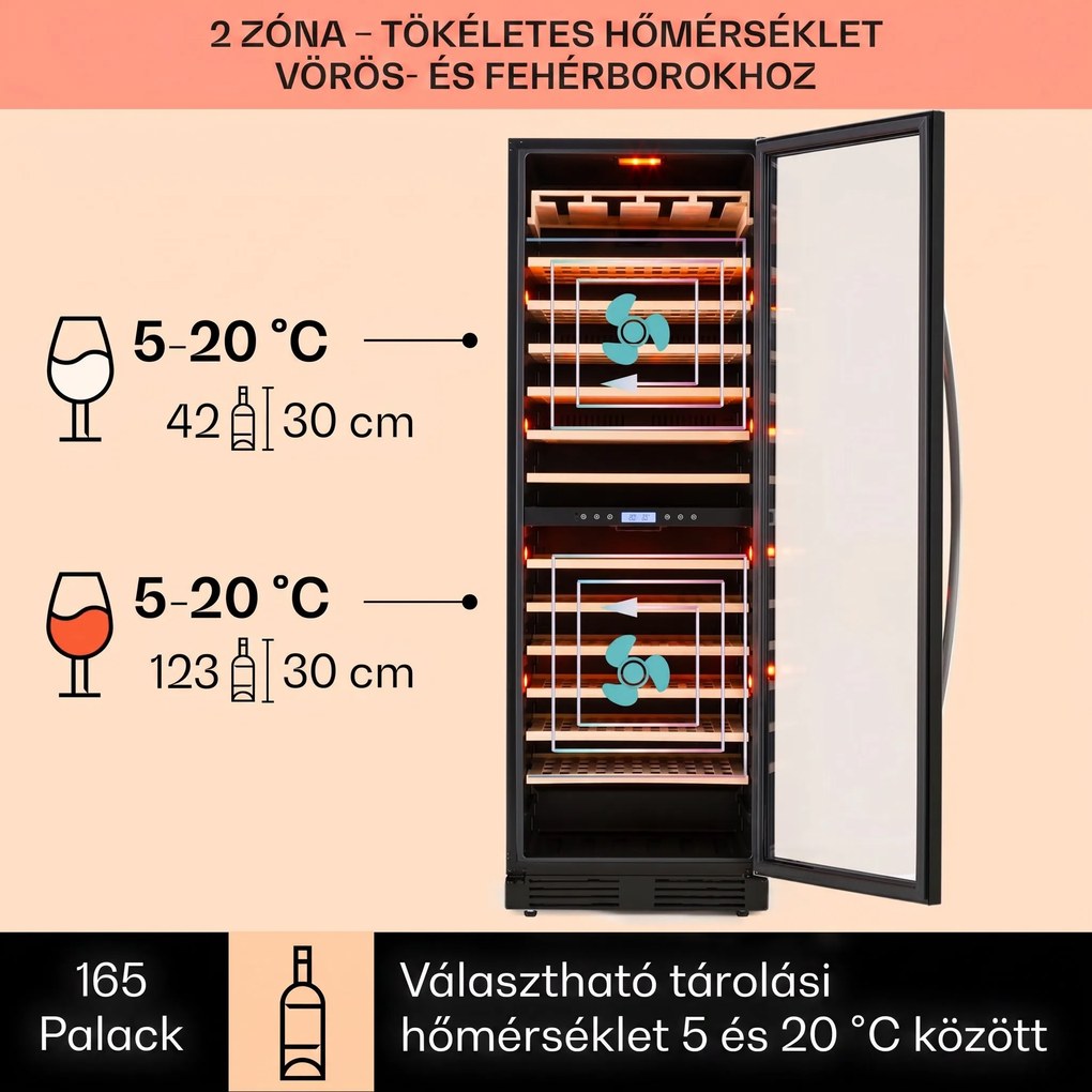 Klarstein Vinovilla Onyx Grande Duo, borhűtő, 425 liter, 162 palack, 3 színű LED világítás, fekete