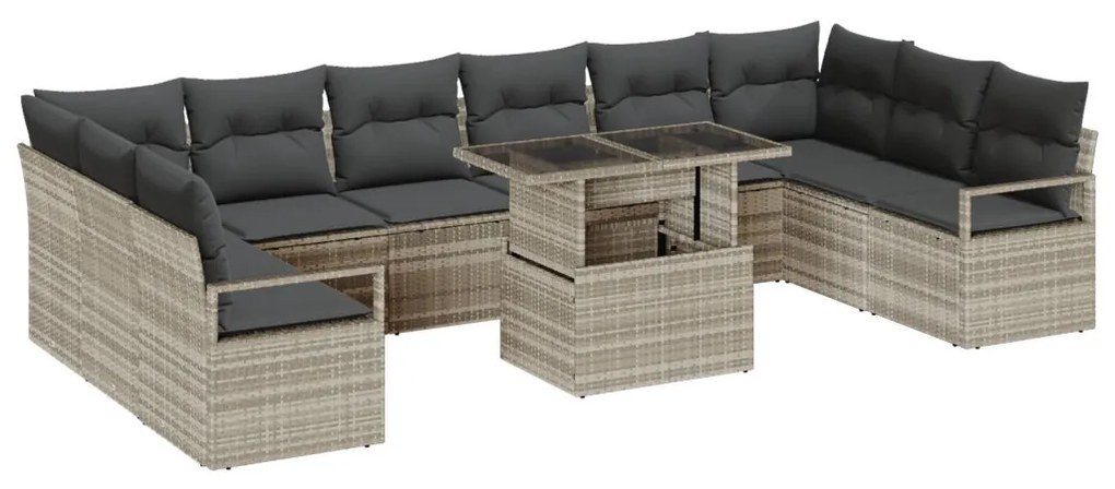 11 darabos kerti kanapé szett párnákkal, világosszürke poli rattan, 2-személyes kerti kanapé tárolóval és párnákkal, szürke poli rattan