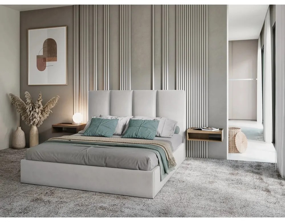 Világosszürke kárpitozott franciaágy tárolóhellyel ágyráccsal 180x200 cm Juniper – Mazzini Beds