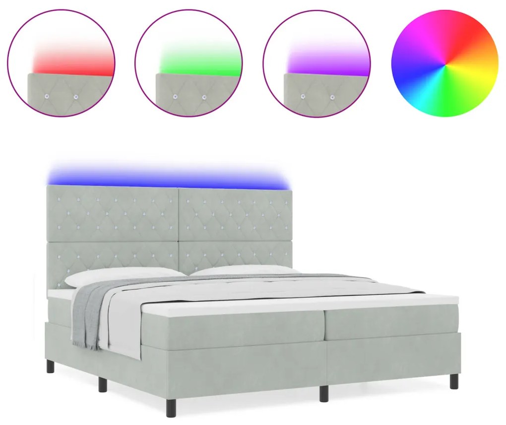Boxspring Ágy Matraccal & LED Fény Világosszürke 200x200 cm Bársony
