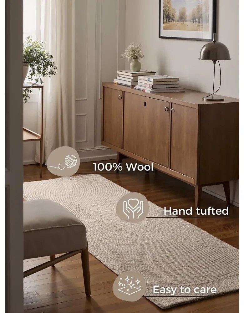 Világos natúr színű kézi szövésű gyapjú futószőnyeg 80x200 cm Calmio – Hanse Home