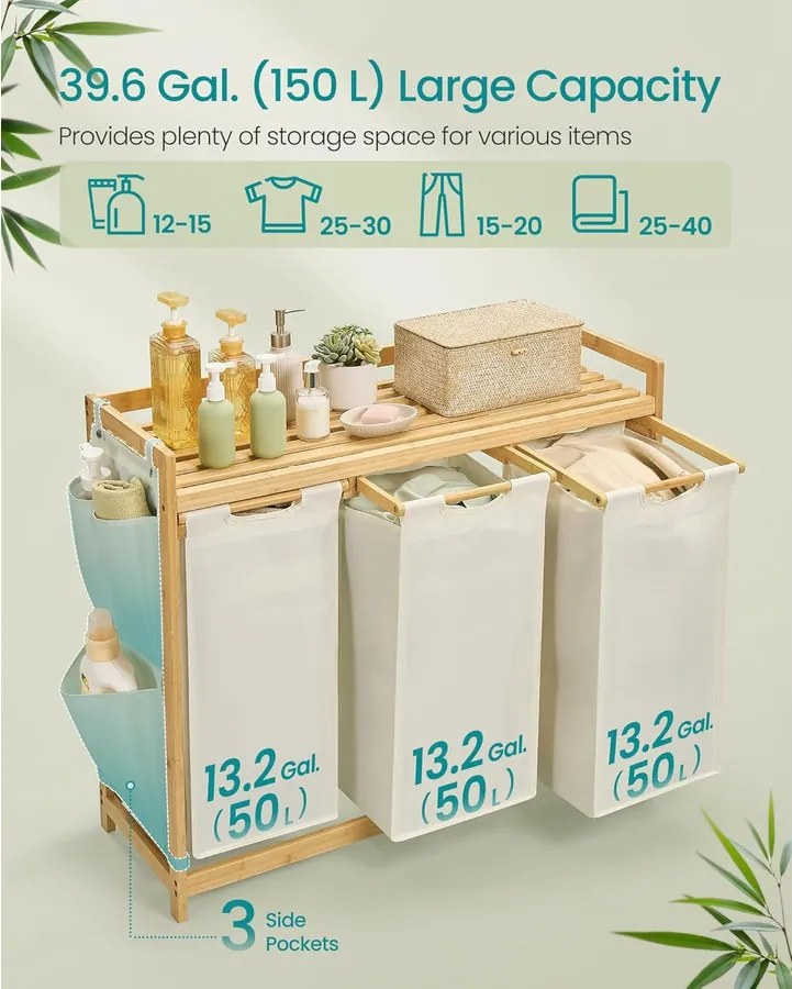 Szennyeskosár 3 rekesszel, 3 x 50 l, 94 x 33 x 78 cm, krémfehér