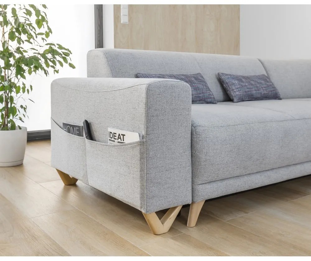 Világosszürke kinyitható-tárolóhelyes sarokkanapé (jobb oldali-L alakú) Classy Sophie – Miuform