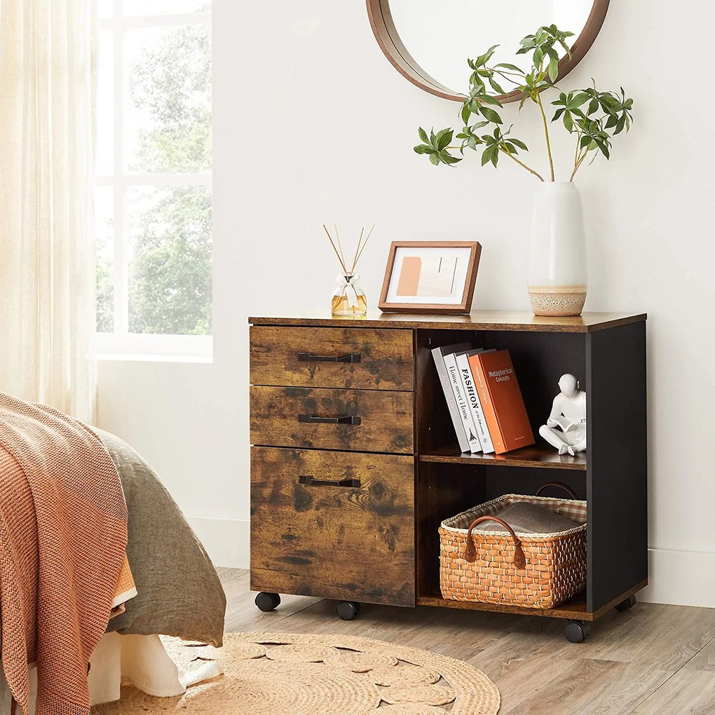 3 fiókos iratszekrény, irodai konténer nyitott polccal, rusztikus barna