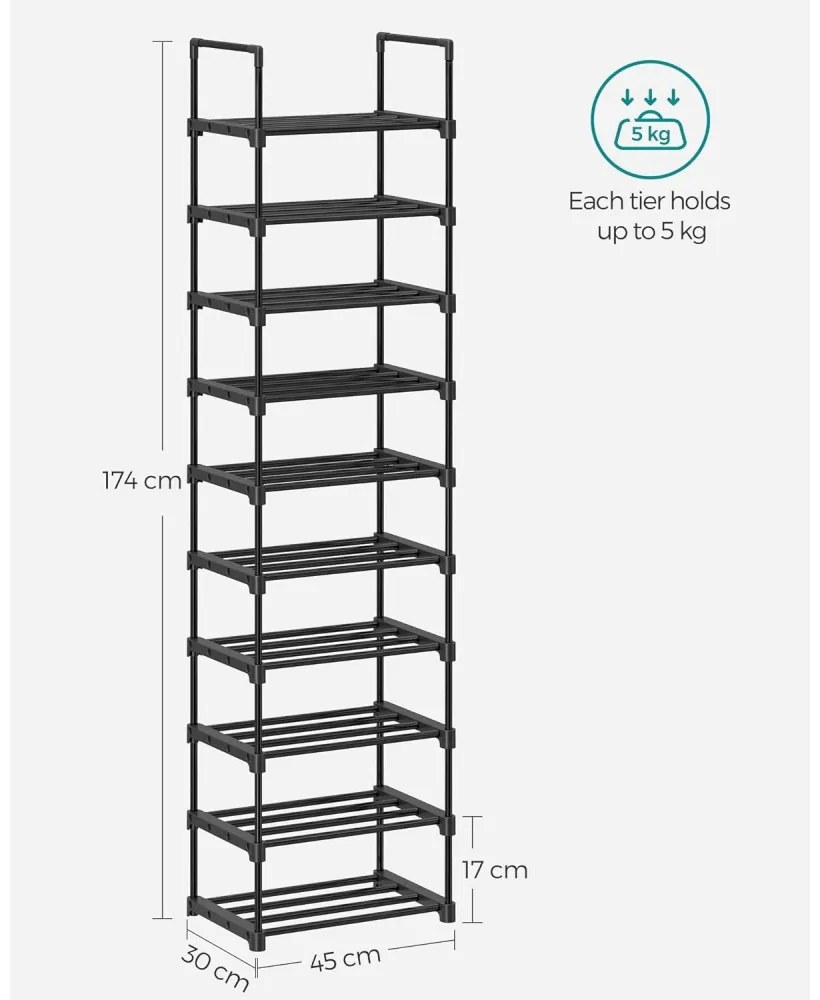 Cipőtartó polc 10 szintes fém vázzal, fekete 45x30x174cm