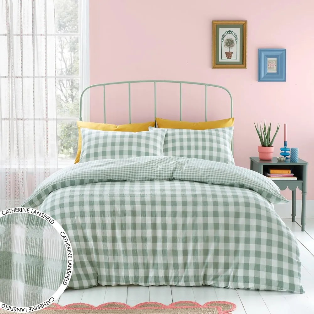 Zöld kétszemélyes ágyneműhuzat 200x200 cm Seersucker Gingham Check – Catherine Lansfield