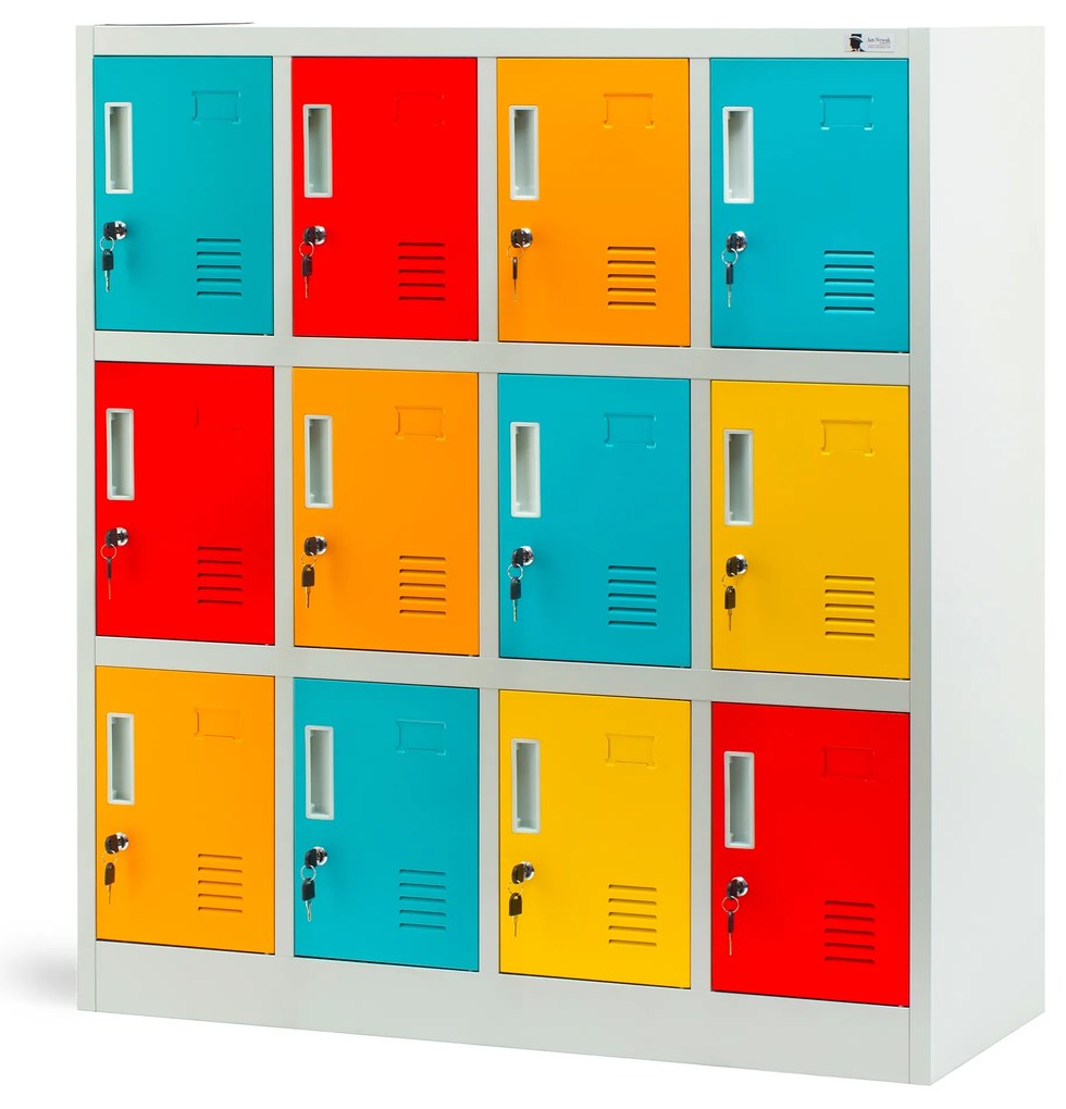 Fém öltözőszekrény, 12 rekeszes OLA, 1090 x 1200 x 450 mm, szürke-többszínű