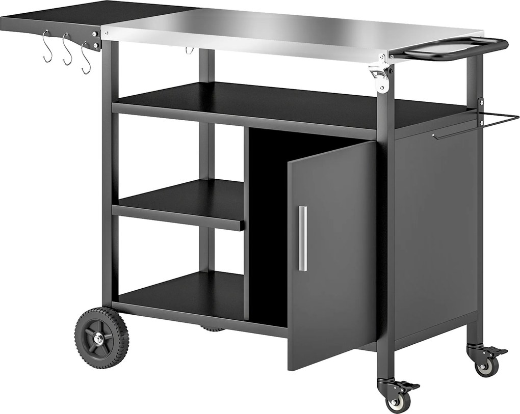 Outsunny Kültéri BBQ Kocsi Rozsdamentes Acél Felülettel, Összecsukható Polccal, Kampókkal, Takaróval, Kültéri Görgős Kocsi, 127x51x84cm, Fekete | Aoso