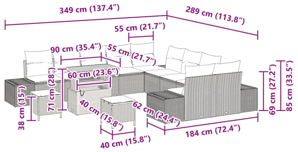 13 darabos kerti kanapészett párnákkal, szürke, polirattan, akác, 2-személyes kerti kanapé párnákkal, szürke, polirattan, 3 darabos kerti étkező szett párnákkal, szürke, polirattan, akác