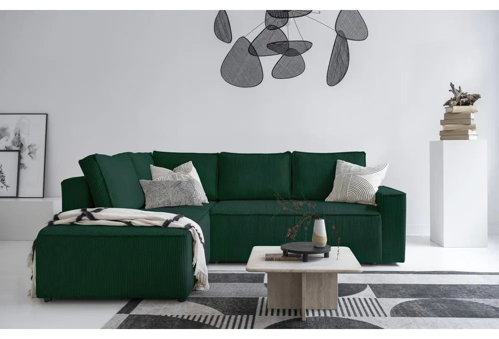 Sötétzöld kordbársony kinyitható sarokkanapé (bal oldali) Brave Dave – Miuform
