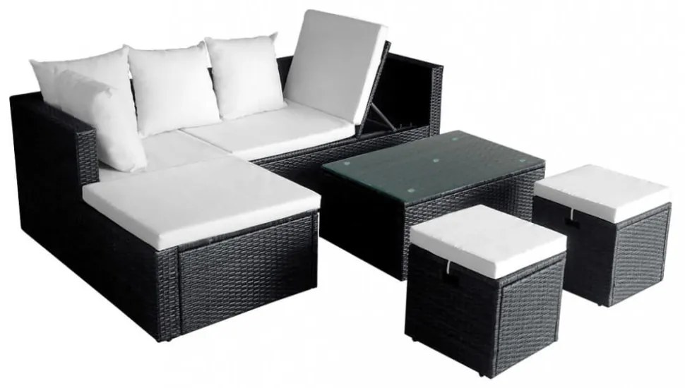 4-részes fekete polyrattan kerti bútorszett párnákkal