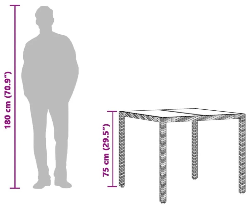 szürke polyrattan üveglapos kerti asztal 90 x 90 x 75 cm