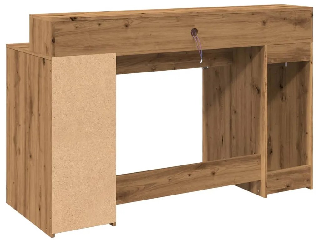 kézműves tölgy színű szerelt fa LED-es íróasztal 140x55x91 cm