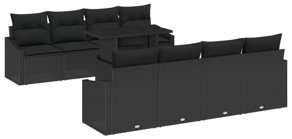 9 darabos Kerti Kanapé Készlet Párnákkal, Fekete, Poli Rattan
