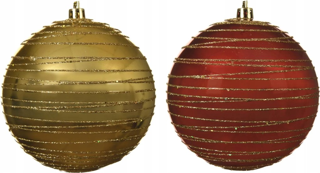 Arany/piros csillámos vonalas gömbök 9cm