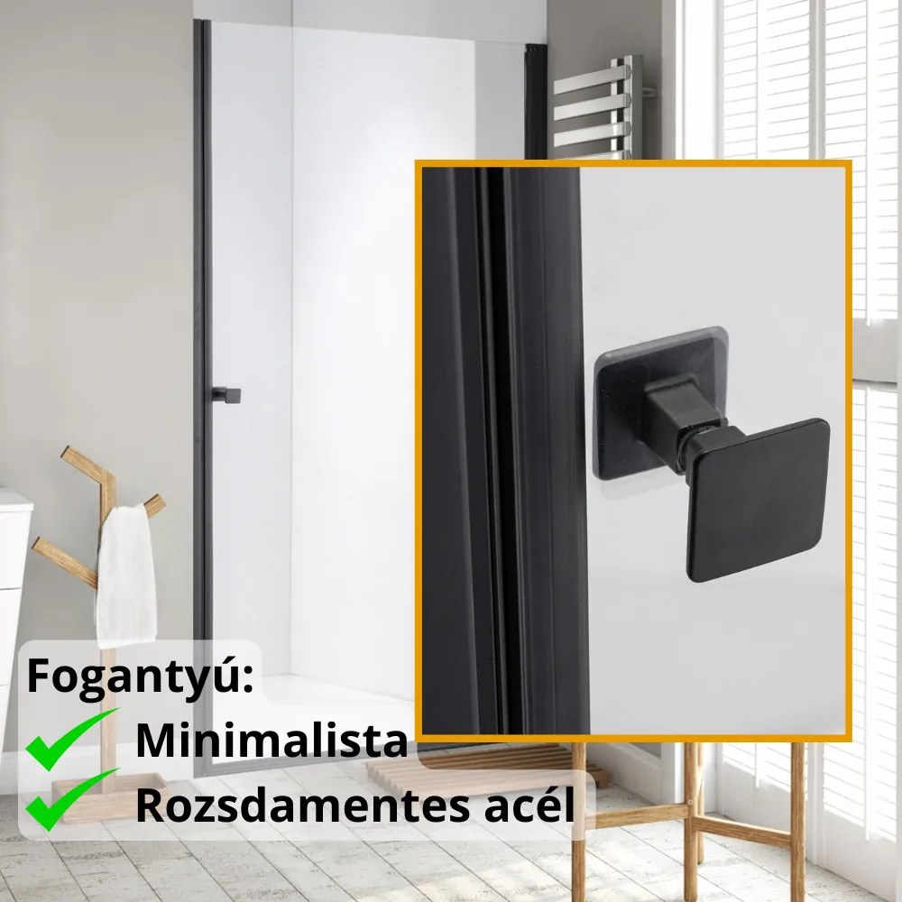 Stuxi Bari Black 80 cm széles egyszárnyú nyíló zuhanyajtó, 6 mm vízlepergető üveggel, matt fekete profillal, 195 cm magas