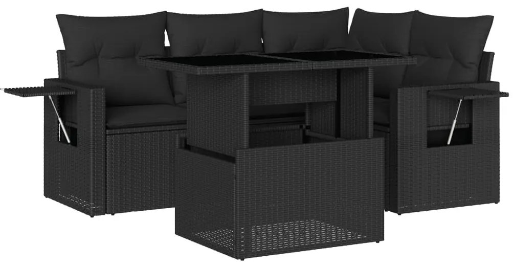 5 részes fekete polyrattan kerti kanapészett párnákkal