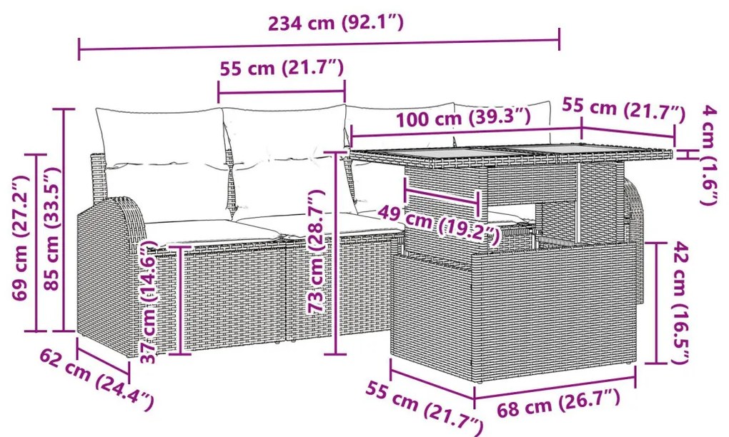 5 darabos kerti étkező szett párnákkal, fekete poli rattan, akác
