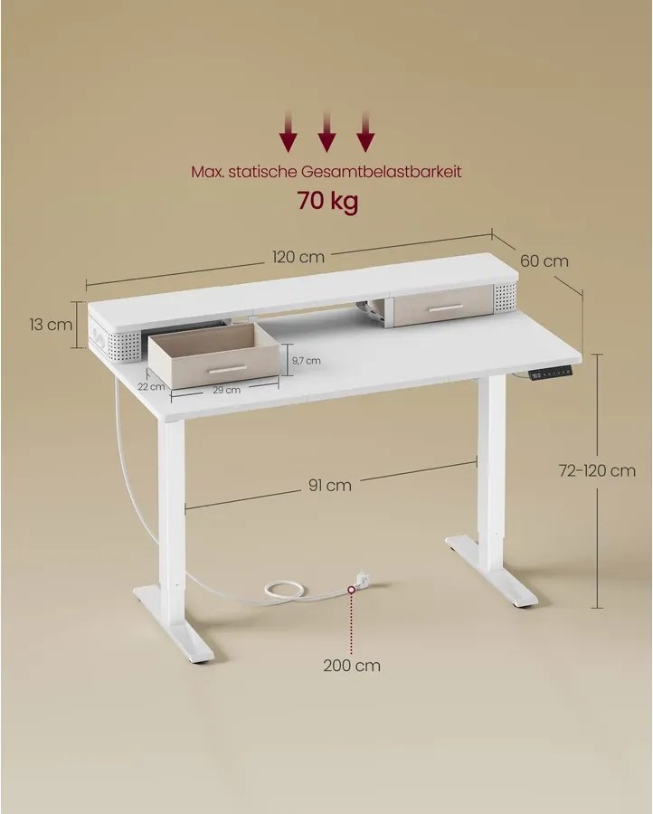 VASAGLE elektromos állítható íróasztal, 120x60 cm, memória funkció, fehér