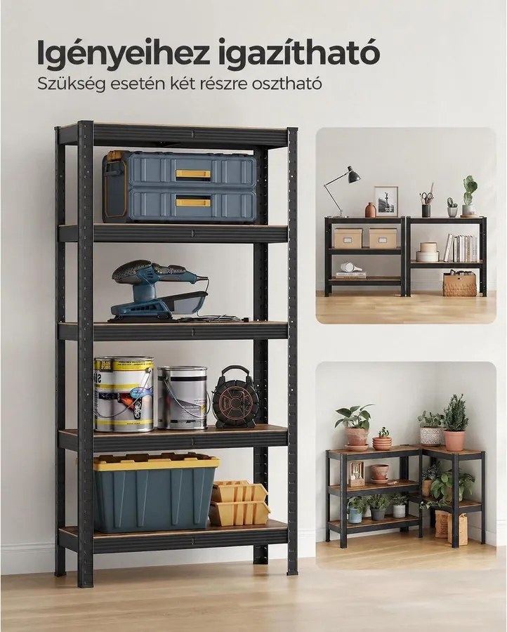 Nagy teherbírású tárolópolc, 5 állítható polccal, 650 kg teherbírás, 75 x 30 x 150 cm, rusztikus barna/fekete